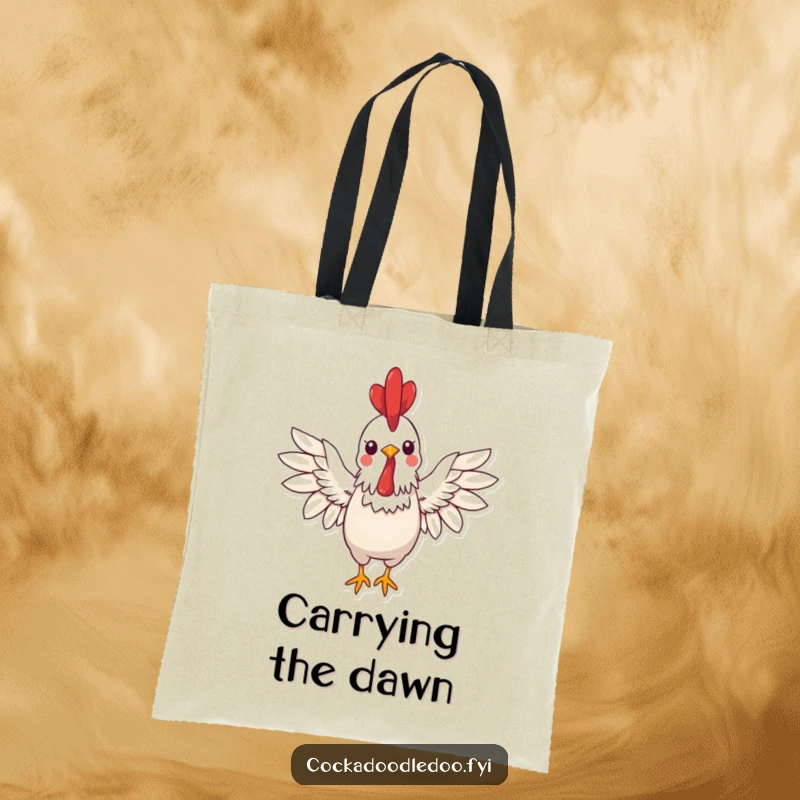 Funny kawaii rooster tote bag featuring a cheerful rooster with wings spread wide, offering a funny, friendly greeting.
