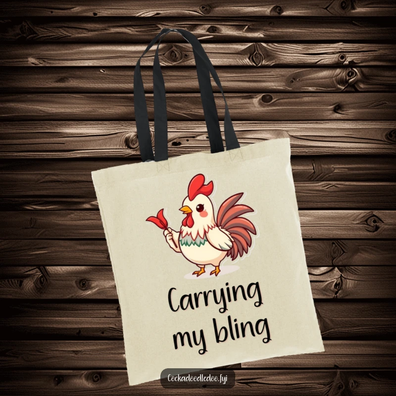 Funny tote bag featuring a proud Kawaii rooster character holding up a shiny red feather with a triumphant pose.