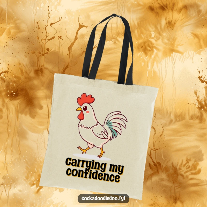 Funny Kawaii rooster tote bag showing a happy character strutting confidently with a springy step. Functional and joyful.
