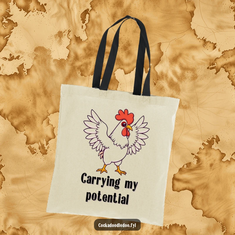 Funny Kawaii rooster tote bag showcasing a determined character stretching its wings wide in a bold, expansive pose. Practical and inspiring.