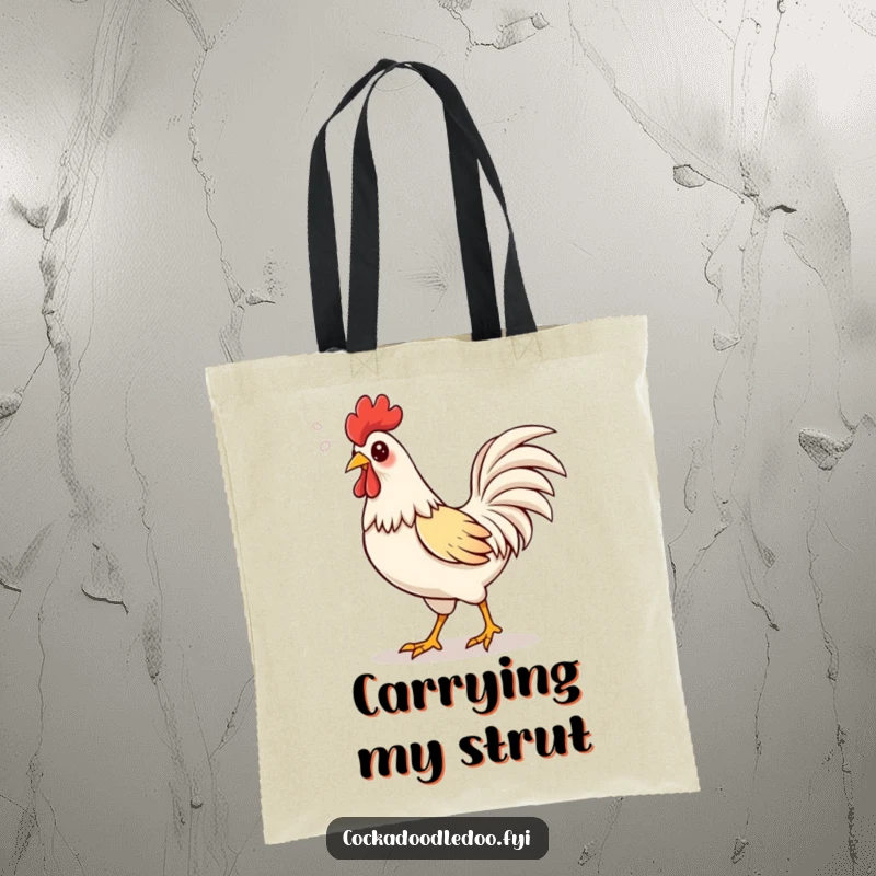 Funny Kawaii rooster tote bag showing a cute rooster strutting proudly, with happy puffs of air escaping its beak.