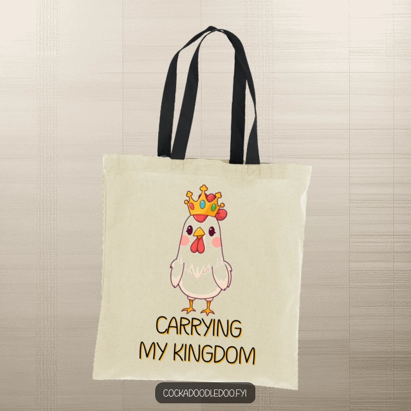 Funny tote bag illustrating a rooster wearing a tiny crown, looking regal yet delightfully silly.
