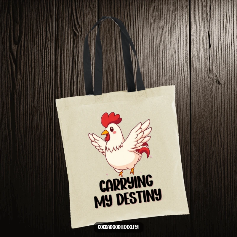 Funny rooster tote bag of a rooster comically flying through a sunny sky, wings spread wide, full of humor.