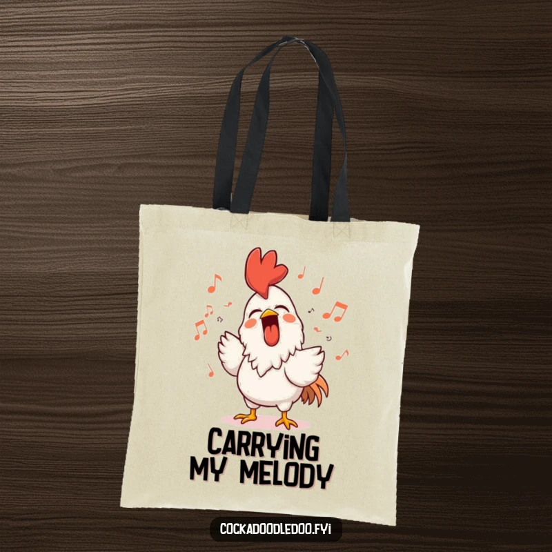 Funny rooster tote bag showing a character singing loudly with a beaming smile, surrounded by musical notes, perfect for carrying essentials joyfully.
