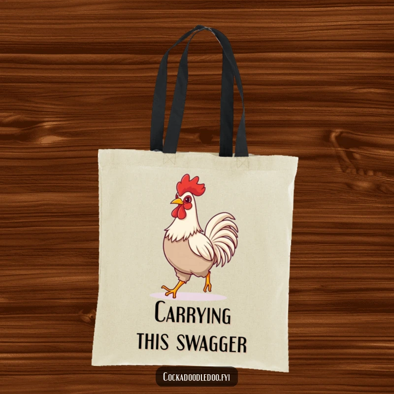Funny tote bag featuring a rooster in a confident, happy stride, symbolizing joy and a positive attitude for shoppers.