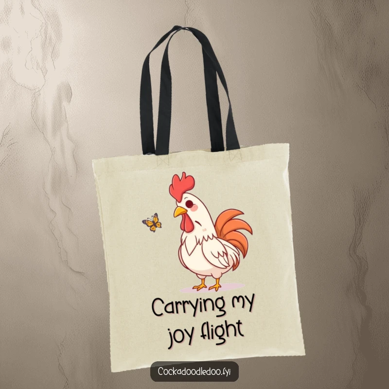 Funny tote bag showcasing an amused rooster character visually chuckling while watching a butterfly flutter by, designed for nature lovers.