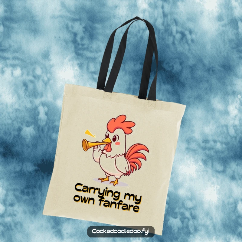 Funny rooster tote bag depicting a proud kawaii rooster character with an exaggerated stance, triumphantly blowing a tiny trumpet.