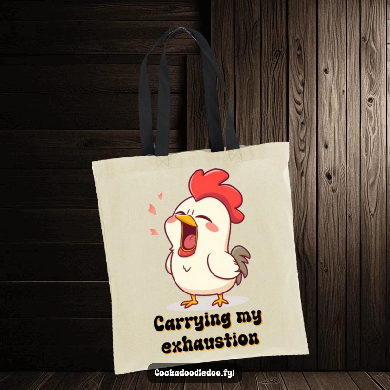Funny tote bag illustrating a rooster in the midst of a massive, comical yawn, conveying extreme tiredness.