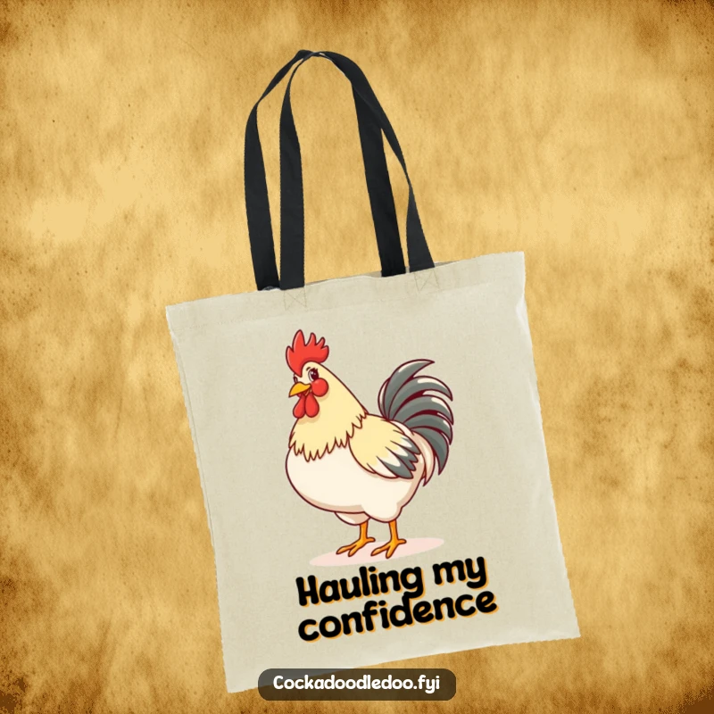 Funny tote bag depicting a rooster happily strutting with its chest puffed out, perfect for carrying essentials with a confident and joyful attitude.