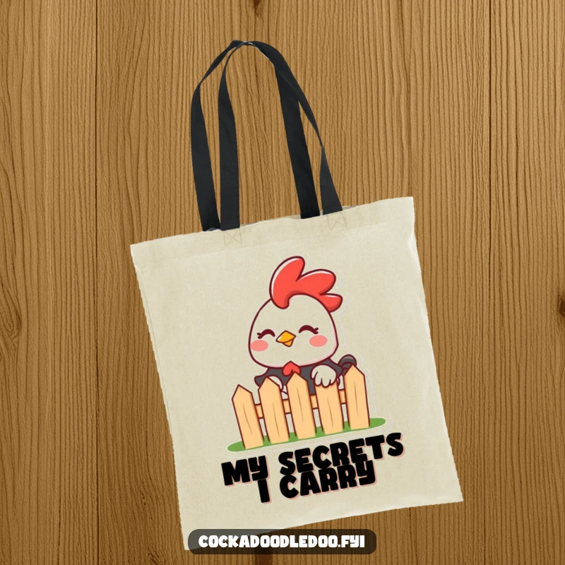 Funny Kawaii Rooster Tote Bag: Mischievous rooster peeking with a wink, a humorous and practical tote for everyday use.