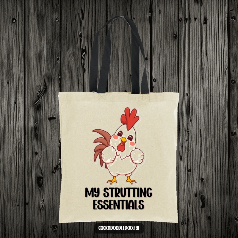 Funny tote bag depicting a proud rooster puffing out its chest and crowing with a wide, confident smile, a charming representation of morning energy.