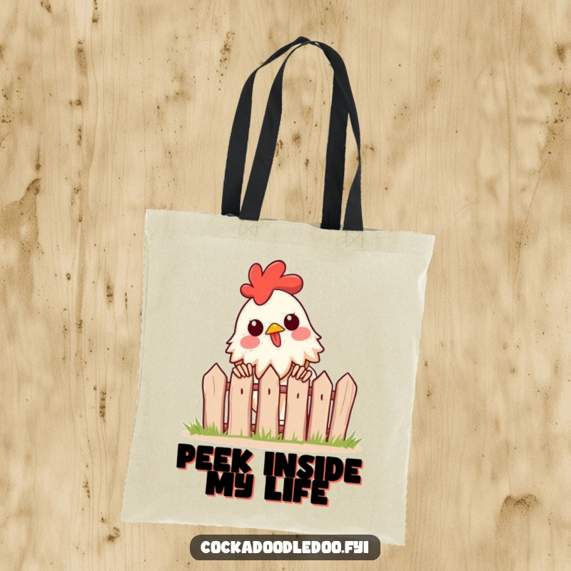 Funny tote bag depicting a rooster excitedly peeking over a tiny fence, perfect for carrying essentials while maintaining a curious outlook.