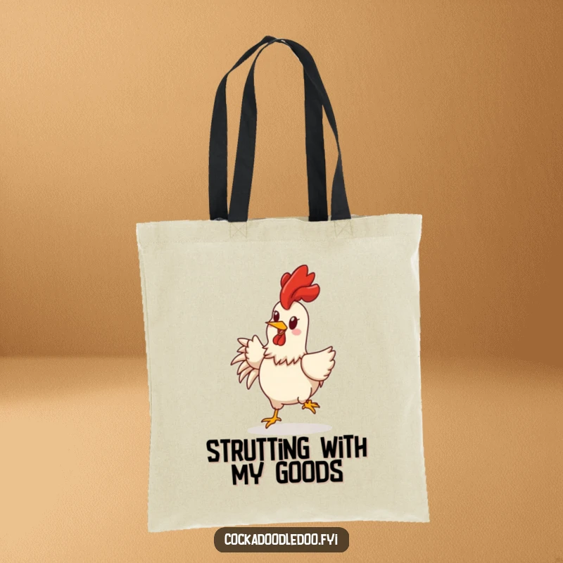 Funny rooster tote bag depicting a cheerful character rooster with comb held high, doing a joyful little strut.