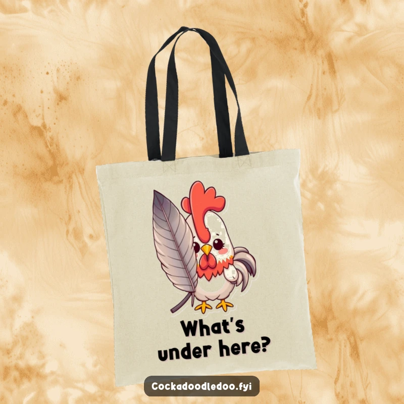 Funny peeking kawaii rooster tote bag featuring a rooster peeking from behind a large feather, a cute funny gift.